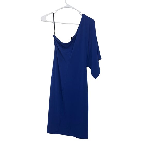 En Focus Studio Women Asymmetrical Blue Draped Mini Dress Size 6 One Sleeve - Picture 8 of 9